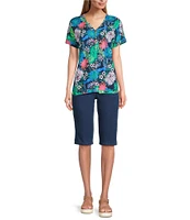 Intro Petite Size Tropic Botanical V-Neck Short Sleeve Tee