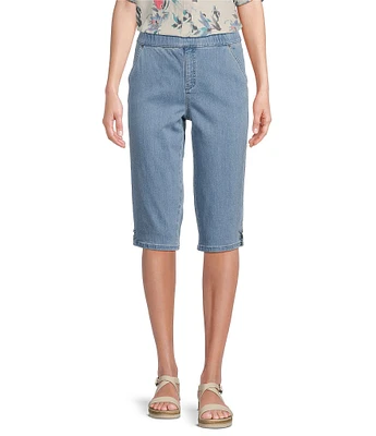 Intro Petite Size Tummy Control Grommet Tab Hem Denim Pull-On Bermuda Shorts