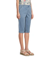 Intro Petite Size Tummy Control Grommet Tab Hem Denim Pull-On Bermuda Shorts