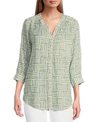 Intro Petite Size Woven Bok Choy Split V-Neck 3/4 Roll-Tab Sleeve Button Front Shirt