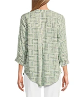 Intro Petite Size Woven Bok Choy Split V-Neck 3/4 Roll-Tab Sleeve Button Front Shirt