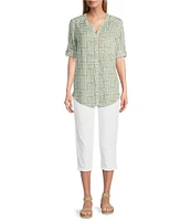 Intro Petite Size Woven Bok Choy Split V-Neck 3/4 Roll-Tab Sleeve Button Front Shirt