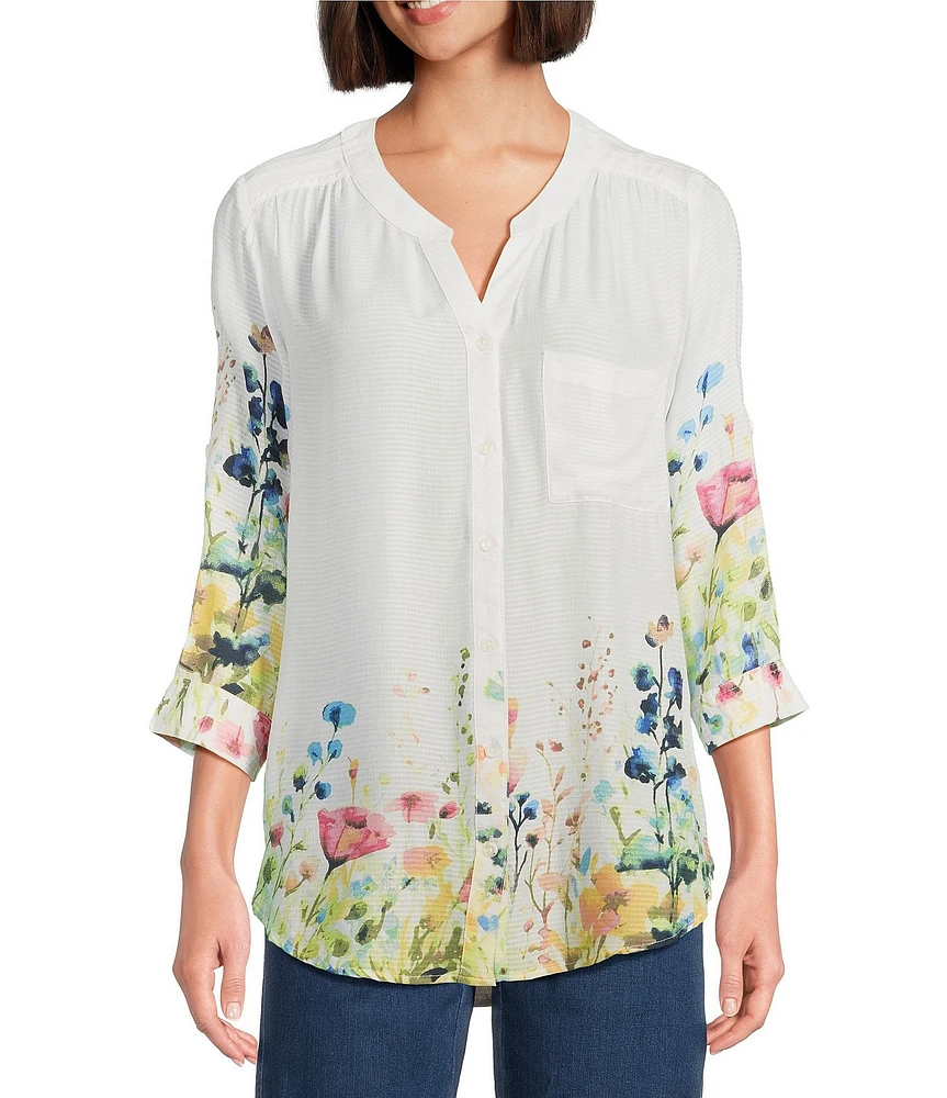 Intro Petite Size Woven Bright White Split V-Neck 3/4 Roll-Tab Sleeve Button Front Shirt