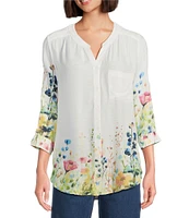 Intro Petite Size Woven Bright White Split V-Neck 3/4 Roll-Tab Sleeve Button Front Shirt