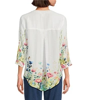 Intro Petite Size Woven Bright White Split V-Neck 3/4 Roll-Tab Sleeve Button Front Shirt