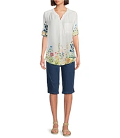 Intro Petite Size Woven Bright White Split V-Neck 3/4 Roll-Tab Sleeve Button Front Shirt