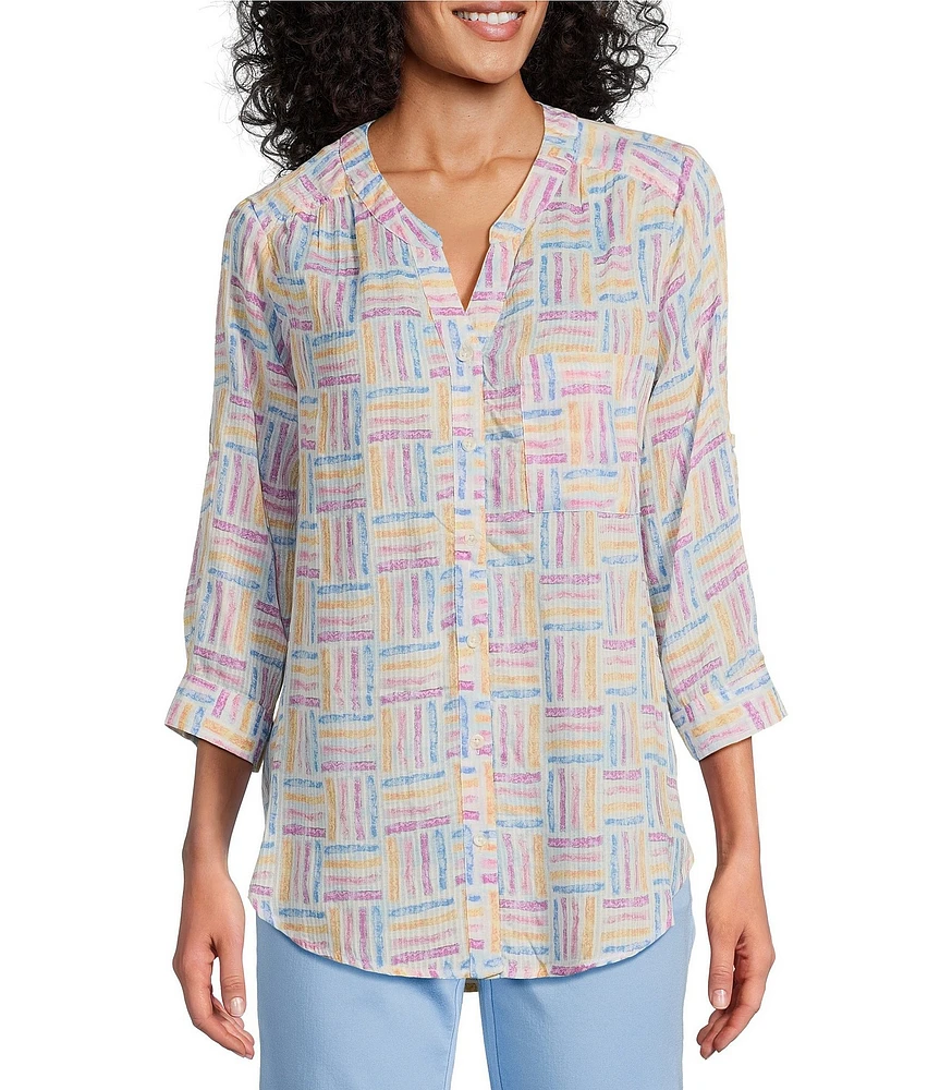 Intro Petite Size Woven Orchid Bouquet Split V-Neck 3/4 Roll-Tab Sleeve Button Front Shirt
