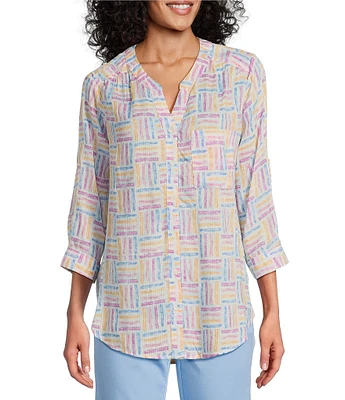 Intro Petite Size Woven Orchid Bouquet Split V-Neck 3/4 Roll-Tab Sleeve Button Front Shirt