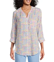 Intro Petite Size Woven Orchid Bouquet Split V-Neck 3/4 Roll-Tab Sleeve Button Front Shirt