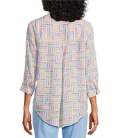 Intro Petite Size Woven Orchid Bouquet Split V-Neck 3/4 Roll-Tab Sleeve Button Front Shirt