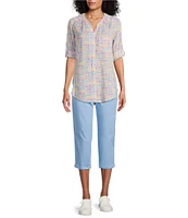 Intro Petite Size Woven Orchid Bouquet Split V-Neck 3/4 Roll-Tab Sleeve Button Front Shirt