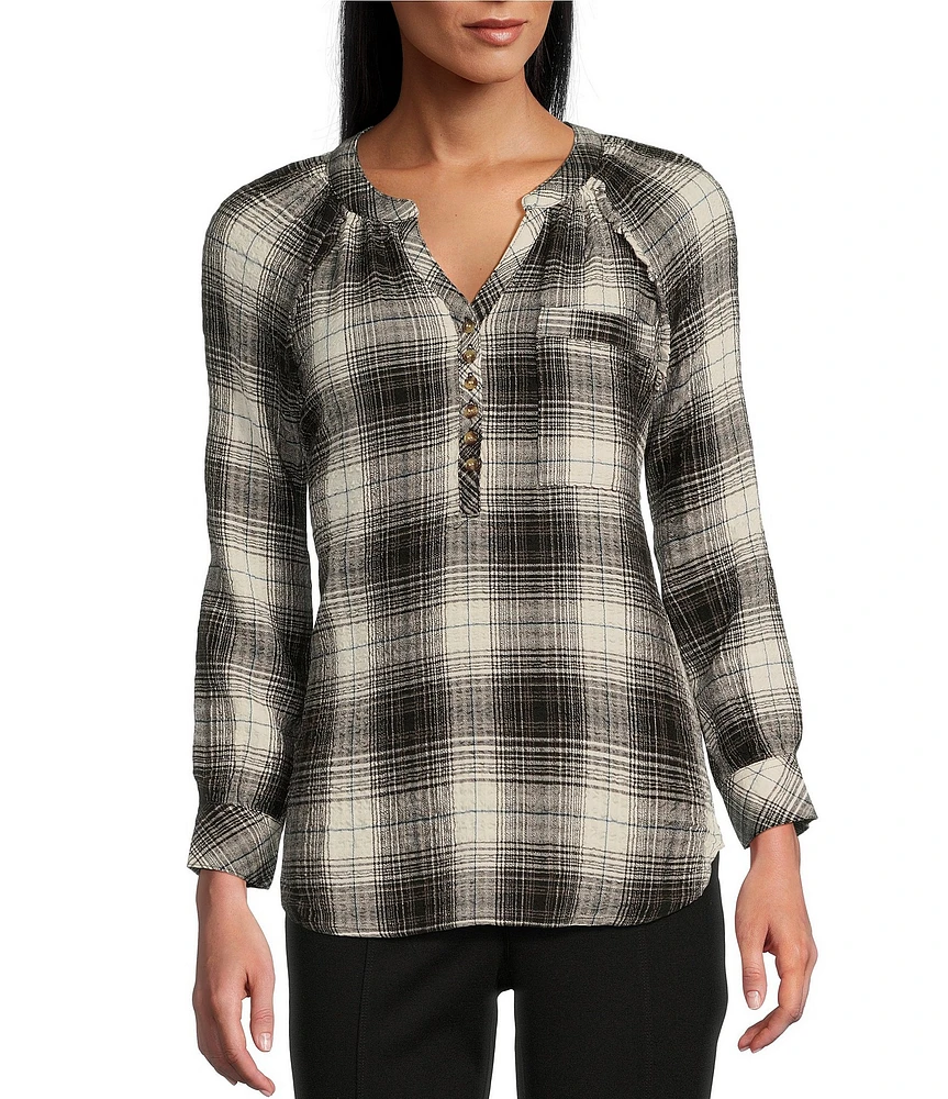 Intro Petite Size Woven Plaid Banded Collar V-Neck Long Sleeve Ruffle Trim Pop Over Blouse