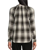 Intro Petite Size Woven Plaid Banded Collar V-Neck Long Sleeve Ruffle Trim Pop Over Blouse