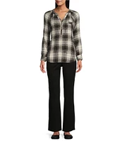 Intro Petite Size Woven Plaid Banded Collar V-Neck Long Sleeve Ruffle Trim Pop Over Blouse