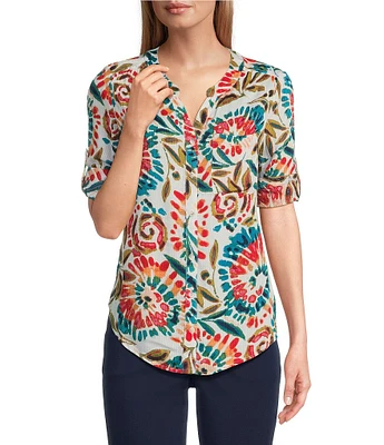 Intro Petite Size Woven Raspberry Split V-Neck 3/4 Roll-Tab Sleeve Button Front Shirt