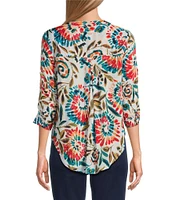 Intro Petite Size Woven Raspberry Split V-Neck 3/4 Roll-Tab Sleeve Button Front Shirt