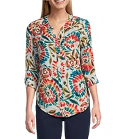 Intro Petite Size Woven Raspberry Split V-Neck 3/4 Roll-Tab Sleeve Button Front Shirt