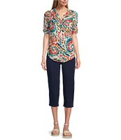 Intro Petite Size Woven Raspberry Split V-Neck 3/4 Roll-Tab Sleeve Button Front Shirt