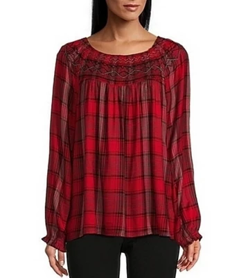 Intro Petite Size Yarn-Dye Embroidered Smocked Scoop Neck Long Sleeve Plaid Print Top