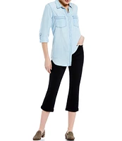 Intro Petite Size Roll-Tab Sleeve Button Front Slub Lyocell Shirt