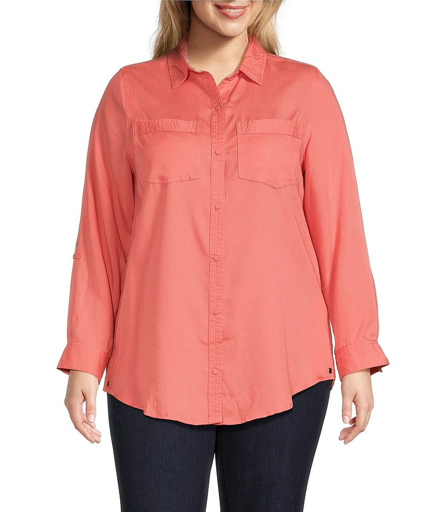 Intro Plus Size Button Front Slub Point Collar Roll-Tab Long Sleeve Lyocell Shirt