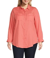 Intro Plus Size Button Front Slub Point Collar Roll-Tab Long Sleeve Lyocell Shirt