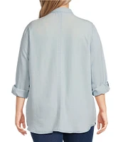 Intro Plus Size Button Front Slub Point Collar Roll-Tab Long Sleeve Lyocell Shirt