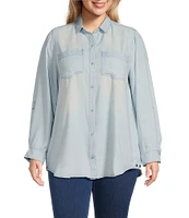 Intro Plus Size Button Front Slub Point Collar Roll-Tab Long Sleeve Lyocell Shirt