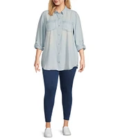 Intro Plus Size Button Front Slub Point Collar Roll-Tab Long Sleeve Lyocell Shirt