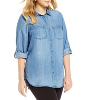 Intro Plus Size Button Front Slub Point Collar Roll-Tab Long Sleeve Lyocell Shirt