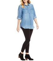 Intro Plus Size Button Front Slub Point Collar Roll-Tab Long Sleeve Lyocell Shirt