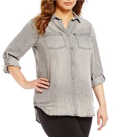 Intro Plus Size Button Front Slub Point Collar Roll-Tab Long Sleeve Lyocell Shirt