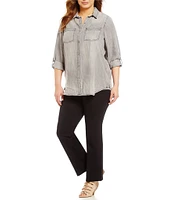 Intro Plus Size Button Front Slub Point Collar Roll-Tab Long Sleeve Lyocell Shirt