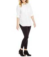 Intro Plus Size Button Front Slub Point Collar Roll-Tab Long Sleeve Lyocell Shirt