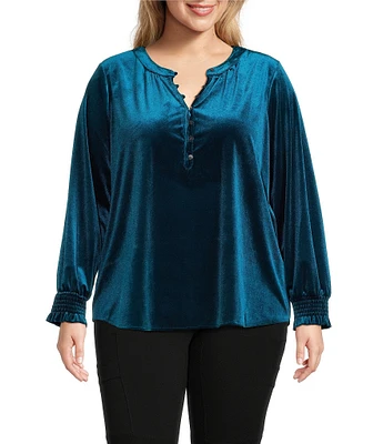 Intro Plus Size Banded Collar Long Sleeve Pop Over Blouse