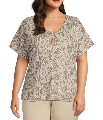 Intro Plus Size Cotton Slub Jersey Abstract Leaf Print V-Neck Short Sleeve Tee
