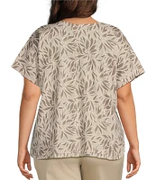 Intro Plus Size Cotton Slub Jersey Abstract Leaf Print V-Neck Short Sleeve Tee