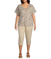 Intro Plus Size Cotton Slub Jersey Abstract Leaf Print V-Neck Short Sleeve Tee