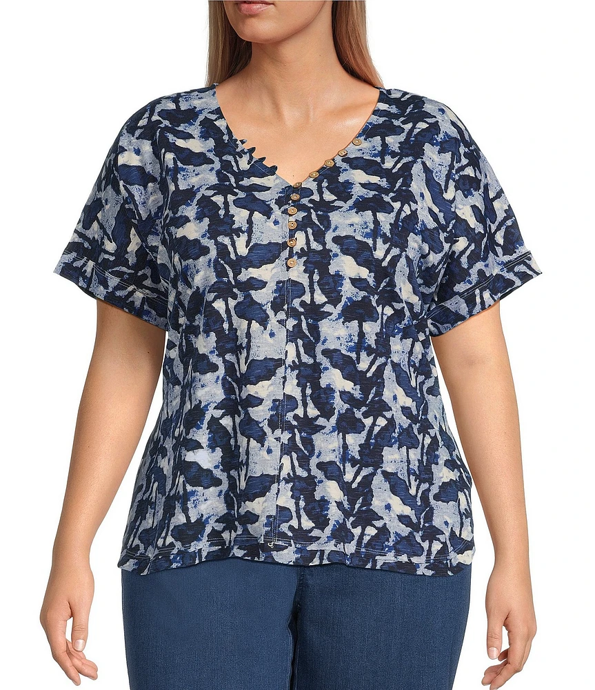 Intro Plus Size Cotton Slub Jersey Abstract Print V-Neck Short Sleeve Tee