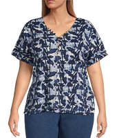 Intro Plus Size Cotton Slub Jersey Abstract Print V-Neck Short Sleeve Tee