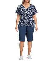 Intro Plus Size Cotton Slub Jersey Abstract Print V-Neck Short Sleeve Tee