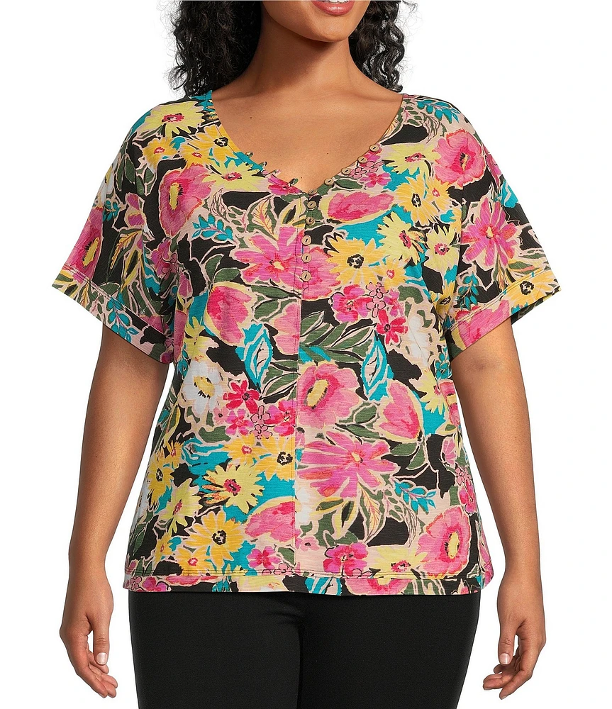 Intro Plus Size Cotton Slub Jersey Floral V-Neck Short Sleeve Tee