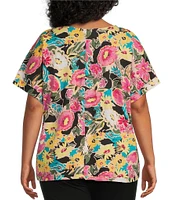 Intro Plus Size Cotton Slub Jersey Floral V-Neck Short Sleeve Tee