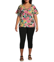 Intro Plus Size Cotton Slub Jersey Floral V-Neck Short Sleeve Tee