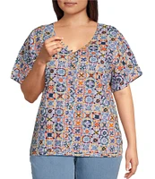 Intro Plus Size Cotton Slub Jersey Tile Print V-Neck Short Sleeve Tee