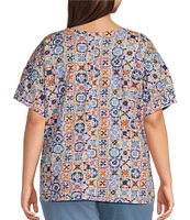 Intro Plus Size Cotton Slub Jersey Tile Print V-Neck Short Sleeve Tee