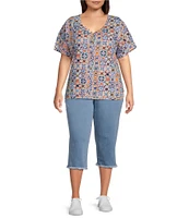 Intro Plus Size Cotton Slub Jersey Tile Print V-Neck Short Sleeve Tee