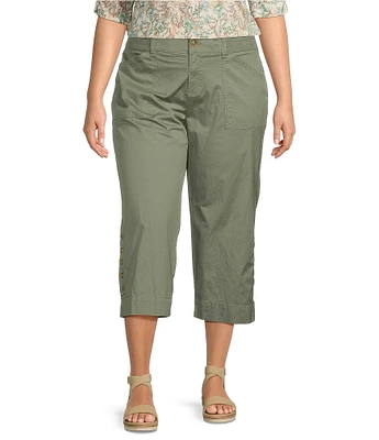Intro Plus Size Cotton Tencel™ Wide Leg Side Button Trim Detail Crop Pants