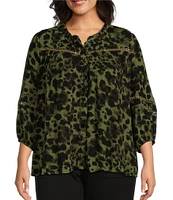 Intro Plus Size Crinkle Gauze Ink Blot Print Split V-Neck 3/4 Sleeve Lace Inset Pleated Peasant Top