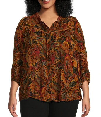 Intro Plus Size Crinkle Gauze Tapestry Print Split V-Neck 3/4 Sleeve Lace Inset Pleated Peasant Top